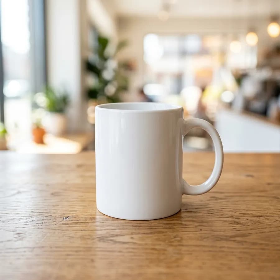 Mug product photo with a sample badge design
